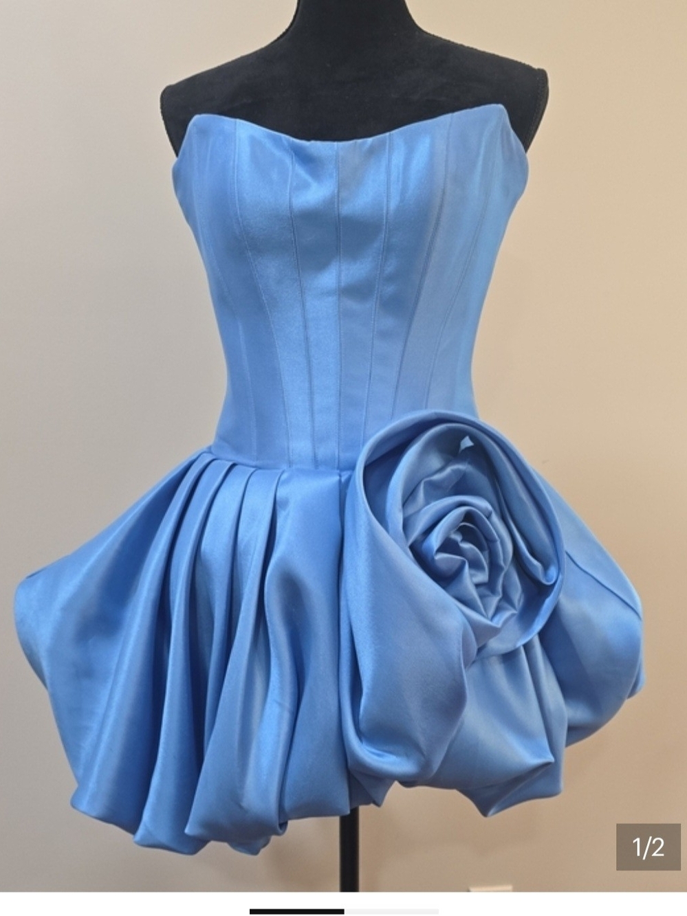 Sherri Hill Light Blue Strapless Satin Mini Dress with Sculpted Rose